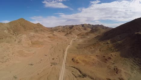 Aerial-footage-of-single-4x4-vehicle-travelling-through-a-desert