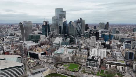 City-of-London-UK-skyscrapers-in-financial-district,-drone,aerial