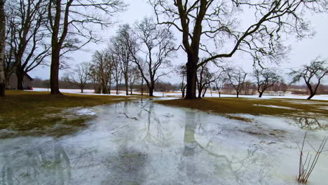 Reflected-iced-lake-skateboarding-point-of-view-slow-motion-dry-trees-landscape-in-winter,-flying-drone-aerial-above-cold-lake-frozen-river-water