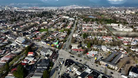 Aerial-View-Over-Kingsway-And-Victoria-Street-In-Vancouver,-Canada---Drone-Shot