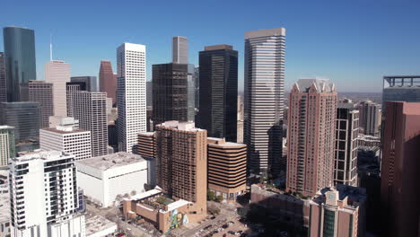 Downtown-Houston-Cityscape-Skyline,-Towers-and-Skyscrapers,-Drone-Shot
