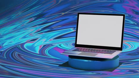 Moderner-Laptop-Mit-Leerem-Weißen-Bildschirm,-Produktpräsentation,-Sonderpreis,-Rabatt,-3D-Rendering,-Animation,-Flüssiger-Hintergrund
