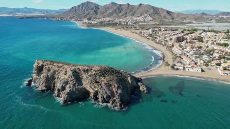 Puerto-de-Mazarron-Beach,-Rock-and-Coastline-in-Murcia,-Spain---Aerial-4k