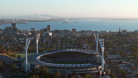 AERIAL-Geelong's-Kardinia-Park-At-Sunrise-With-Corio-Bay-And-City