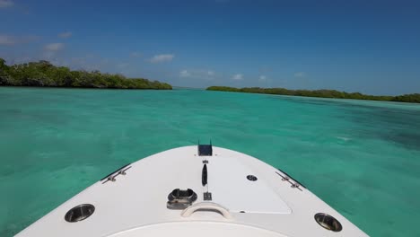 POV-Sailing-From-Boat-Looking-At-The-mangrove,-crystal-clear-caribbean-sea-Los-Roques