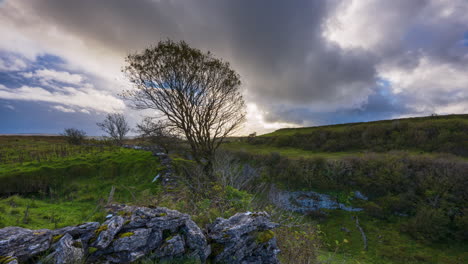 Timelapse-of-rural-nature-farmland-with-line-of-trees-and-rocks-in-the-foreground-located-in-stoneground-field-during-dramatic-cloudy-sunset-evening-viewed-from-Carrowkeel-in-county-Sligo-in-Ireland