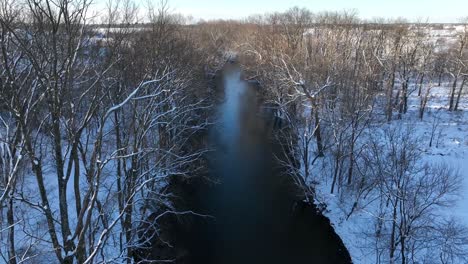 Rising-drone-shot-of-river-with-leafless-trees-in-winter-snow