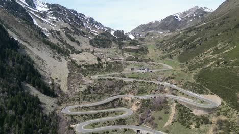 Mountain-Pass-with-Hairpin-Turns-in-Spanish-Pyrenees,-Catalonia,-Spain---Aerial-4k