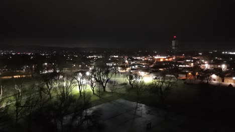 Drone-flying-at-night-over-lighted-green-city-park-in-winter