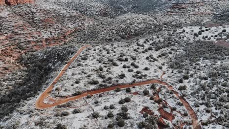 Snow-On-Red-Rocks-Of-Sedona-In-Arizona---Drone-Shot