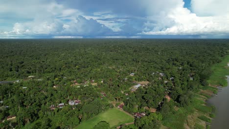 Drone-shot-of-indigenous-village-on-the-dense-jungle-near-Amazon,-Colombia