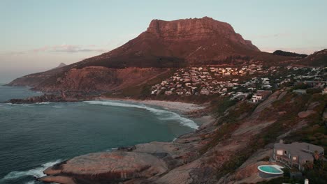 Llandudno-Suburb,-Beach-And-Mountain-During-Sunset-In-Cape-Town,-South-Africa