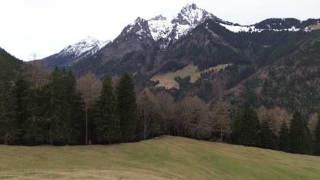 Drone-Vuela-Junto-A-La-Cumbre-Cruza-Hacia-El-Bosque-Con-Un-Paisaje-Montañoso-Invernal-Cubierto-De-Nieve-En-Austria