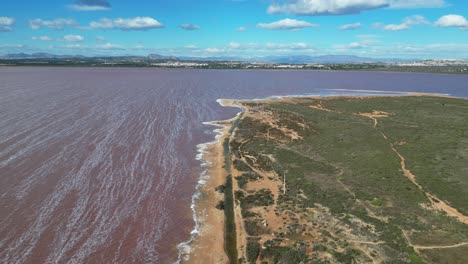 Torrevieja-Purple-Pink-Salt-Water-Lake-In-Alicante,-Costa-Blanca,-Spain---Aerial-4k-Pedestal