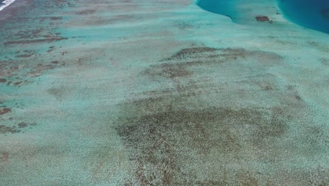 Aerial-tilt-up-revealing-flat-coral-barrier-in-Los-Roques,-serene-blue-waters-under-the-sun
