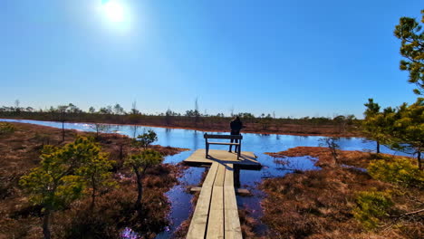 Boardwalk-wooden-pathway-on-a-pond-with-a-woman-standing-on-a-dock---aerial-flyover