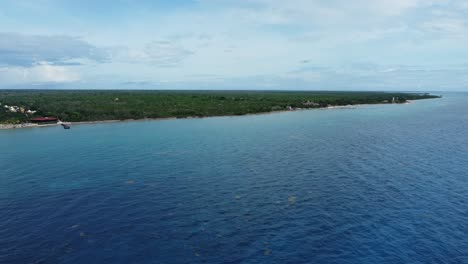 Luftaufnahme-Der-Ruhigen-Küste-Von-Cozumel-Mit-üppigem-Grün-Und-Einem-Boot-Auf-Azurblauem-Wasser