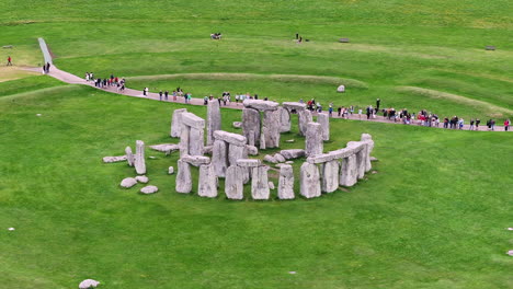 Aerial-View-of-Stonehenge-and-Tourists-Visiting-UNESCO-World-Heritage-Site,-Drone-Shot