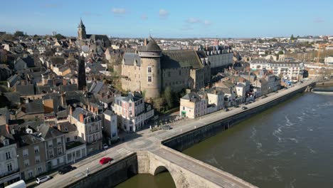 Laval-Castle-and-old-bridge,-Mayenne-department,-France