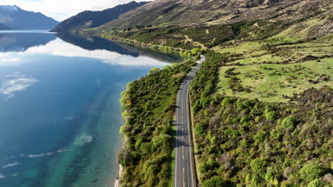 Road-to-Queenstown-from-Kingston-Free-Campground-near-Lake-Wakatipu,-South-Island-New-Zealand