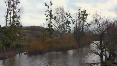 Overcast-day-view-of-the-Clécy-river-in-Normandy,-France-with-tall-trees-and-reflection