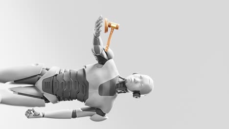 Prototyp-Eines-Humanoiden-Cyber-Roboters-Mit-Einem-Richterhammer,-Künstliche-Intelligenz-In-Der-Gerichtsdebatte,-Blauer-Hintergrund,-Vertikale-3D-Rendering-Animation