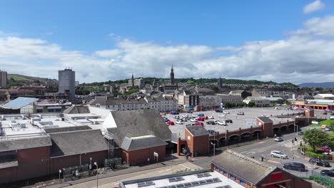Greenock,-Scotland-UK,-Drone-Shot-of-Cityscape,-Downtown-Buildings-on-Sunny-Summer-Day-60fps