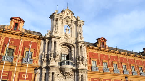 Close-up-tilt-up-shot-of-Palace-of-San-Telmo-main-facade,-Seville,-Spain