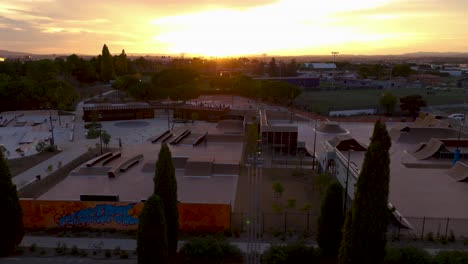 Aerial-panoramic-view-of-sunset-above-skate-park-in-Montpellier