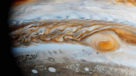 Panning-Close-Up-Following-Planet-Jupiter's-Great-Red-Spot-Spinning-Counter-Clockwise-and-Slow-Moving-Cloudy-Surface