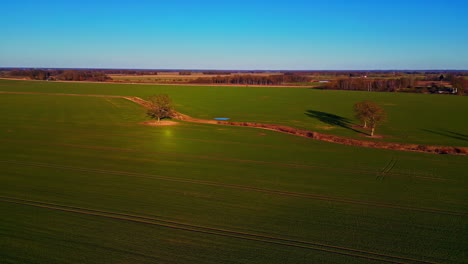 Luftaufnahme-Einer-Drohne-Vorwärts-über-Einem-Leeren-Wasserweg-Eines-Bewässerungssystems-Durch-Grünes-Ackerland-An-Einem-Sonnigen-Tag