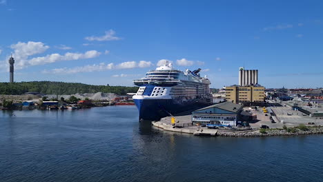 Cruise-Ship-in-Harbor-Terminal-of-Stockholm,-Sweden-on-Sunny-Summer-Day