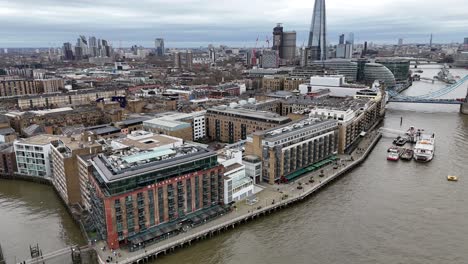 Butler's-Wharf-building-Shad-Thames-London-drone,aerial-pull-back-drone-aerial-reverse-turning-reveal