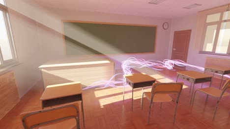 Sala-De-Clase-Vacía-Escuela-Secundaria-Con-Flujo-De-Inteligencia-Artificial-Luz-Cálida-Del-Atardecer-Enseñanza-Universitaria-Ai-Asumiendo-El-Concepto-Animación-De-Renderizado-3d