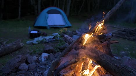 Panning-in-front-of-a-campfire-as-the-flaming-woodfire-gives-off-smoke-that-could-ward-off-some-insects-at-night,-at-a-campsite-on-Strandzha-Mountain-in-Bulgaria