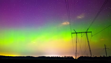 Aurora-Borealis---Colorful-And-Starry-Night-Sky-Over-Transmission-Tower