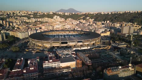 Drone-Flying-Away-from-Diego-Armando-Maradona-Stadium-in-Fuorigrotta,-Napoli-Suburb