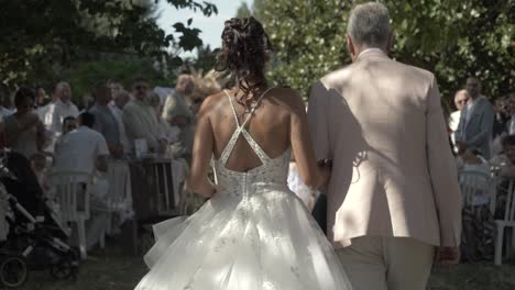 from-behind,-a-father-leads-his-daughter-down-the-aisle-with-family-and-friends-on-either-side,-outdoor-wedding-ceremony-on-the-grass-with-trees-all-around