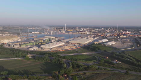 Panorama-view-of-industrial-and-port-area-of-Ravenna,-shot-at-30-fps