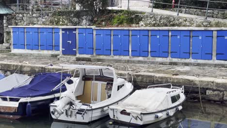 Boats-parked-in-a-marina-on-Sea-shore-Lovran,-Opatija,-Croatia