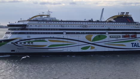 Tallink-Shuttle-Cruise-Ship-Sailing-in-Fjord-of-Baltic-Sea,-Close-Up