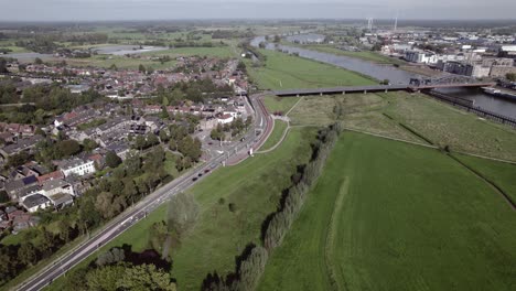 Aerial-panorama-view-of-residential-neighbourhood-De-Hoven-in-Ztutphen,-The-Netherlands,-behind-floodplains