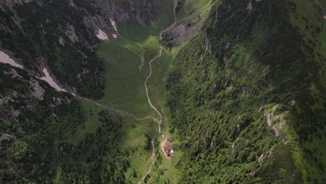 Lush-green-Malaiesti-Valley-in-Bucegi-Mountains-with-winding-trails,-aerial-view