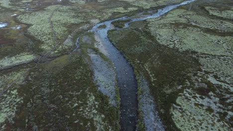 Drohnenaufnahmen-Eines-Flusses,-Der-Durch-Eine-Skandinavische-Tundralandschaft-Fließt
