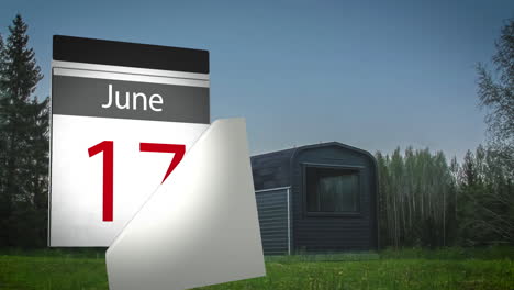 January-to-September-long-duration-time-lapse-of-a-cabin-trailer-with-a-calendar-graphic-countdown