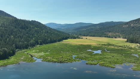 Drone-shot-of-the-marsh-land-lining-Spirit-Lake,-Idaho's-northern-edge