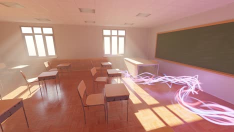 Leeres-Klassenzimmer-High-School-Künstliche-Intelligenz-Flow-Warmes-Sonnenuntergangslicht-Universitätsunterricht-KI-übernimmt-Konzept-3D-Rendering-Animation