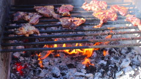 Cooking-delicious-bbq-meats-on-an-outdoor-fire-grill-with-coal,-grilling-in-a-park,-4K-shot
