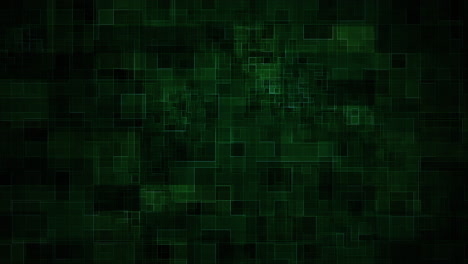 Formas-Cuadradas-Brillantes-De-Color-Verde-Claro-Y-Luces-Sobre-Un-Fondo-Negro,-Matriz-Fractal-Futurista-Gráfica-En-Movimiento,-Animación-De-4k-Cg,-Sin-Interrupciones-Con-Elementos-Anidados