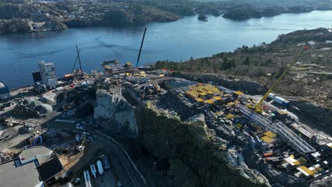 Sotra-Link-construction-site,-building-new-bridge-to-Sotra-Island-in-Bergen-Norway,-Aerial